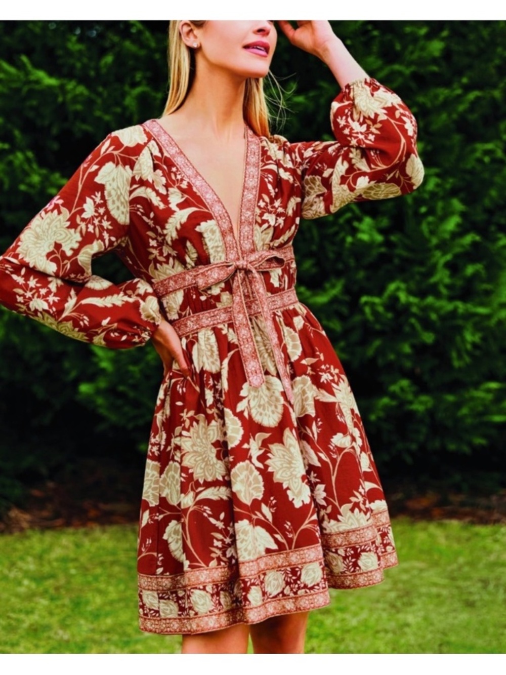 Antonio Melani NormaJean Floral Tunic Dress Size 8 Brick Red Ivory Cotton Boho